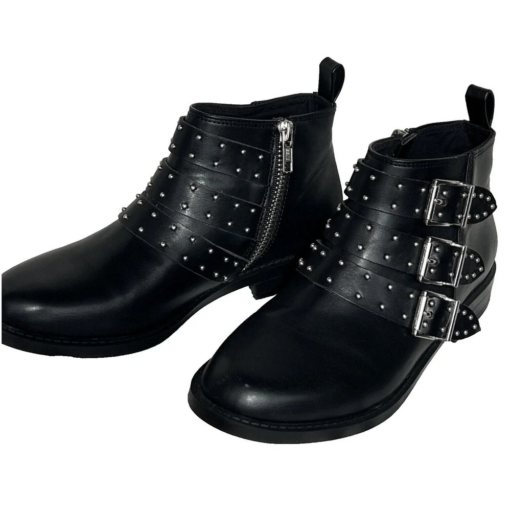 H&M Divided Black Studded Triple Buckle Ankle Boots Wm 5.5 EUR 36 EUC Punk Moto - Picture 3 of 13